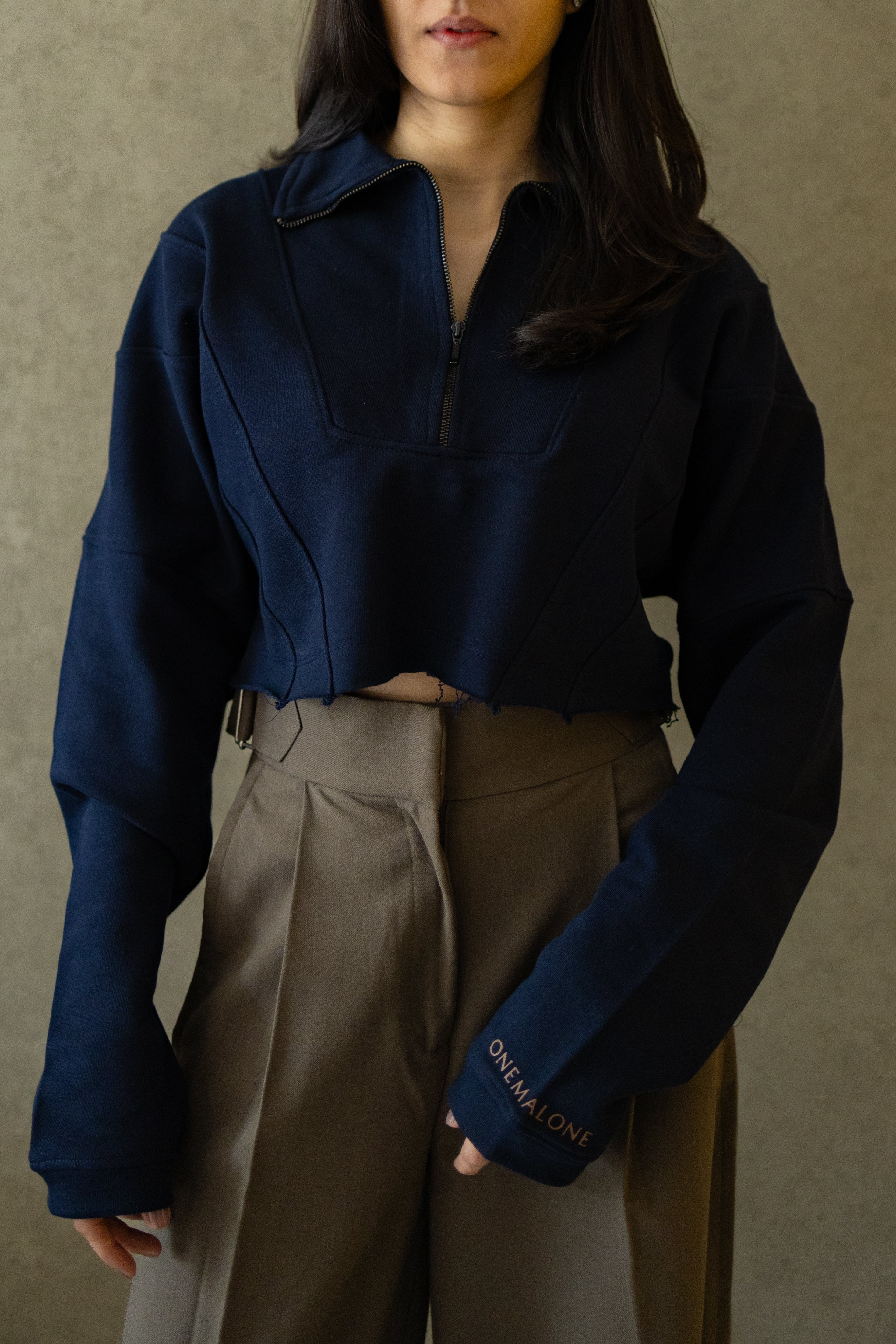 Zipped Crop Sweatshirt - Navy Blue
