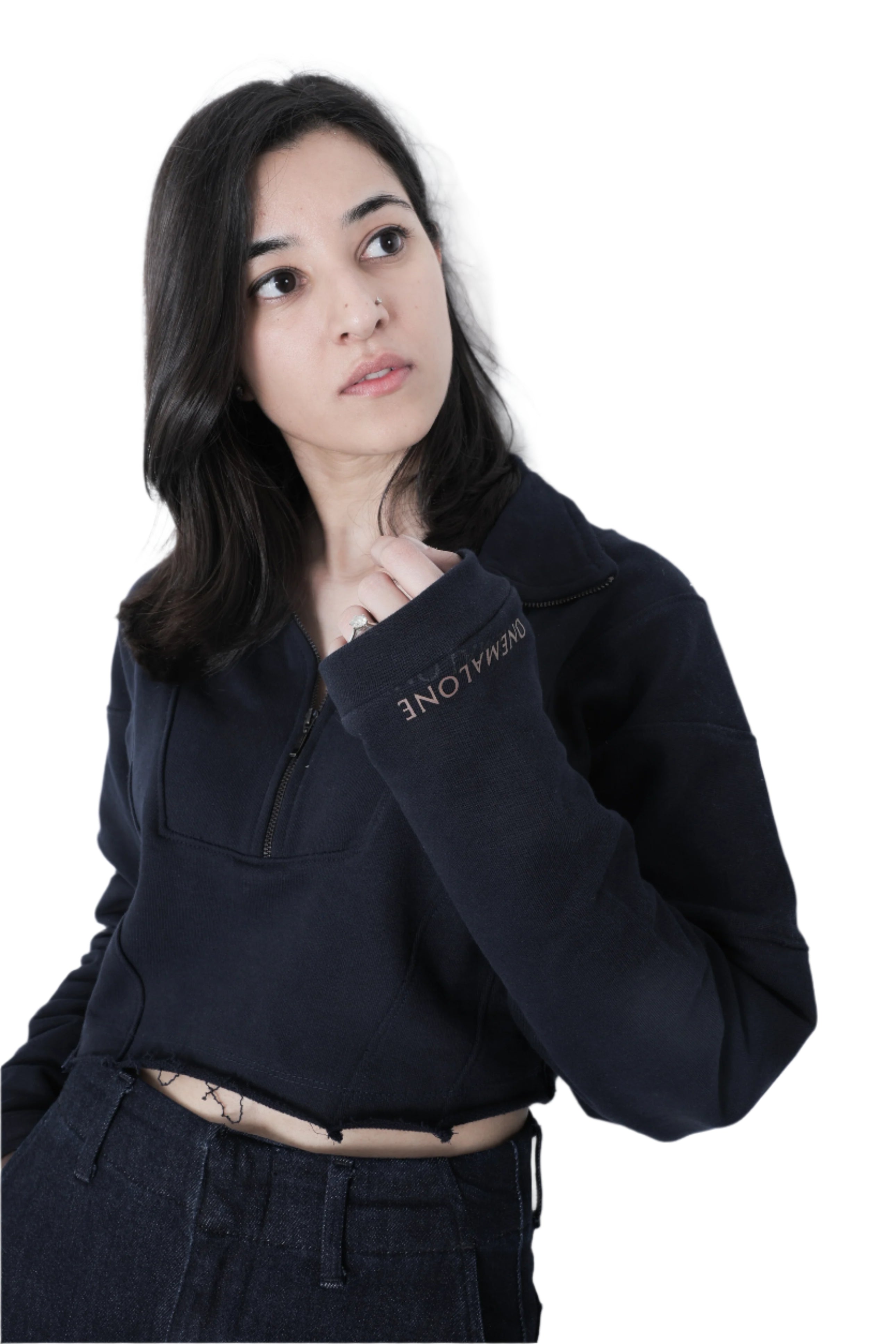 Zipped Crop Sweatshirt - Navy Blue