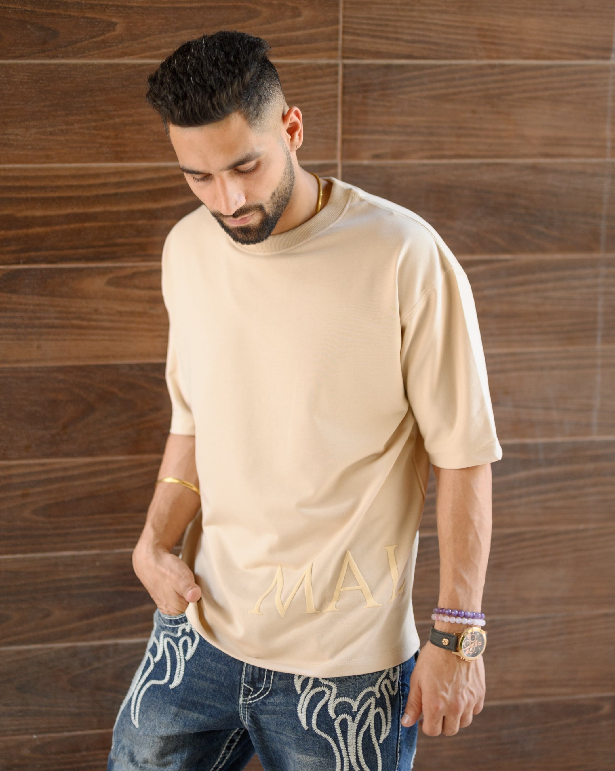 Drop Shoulder Beige T-shirt