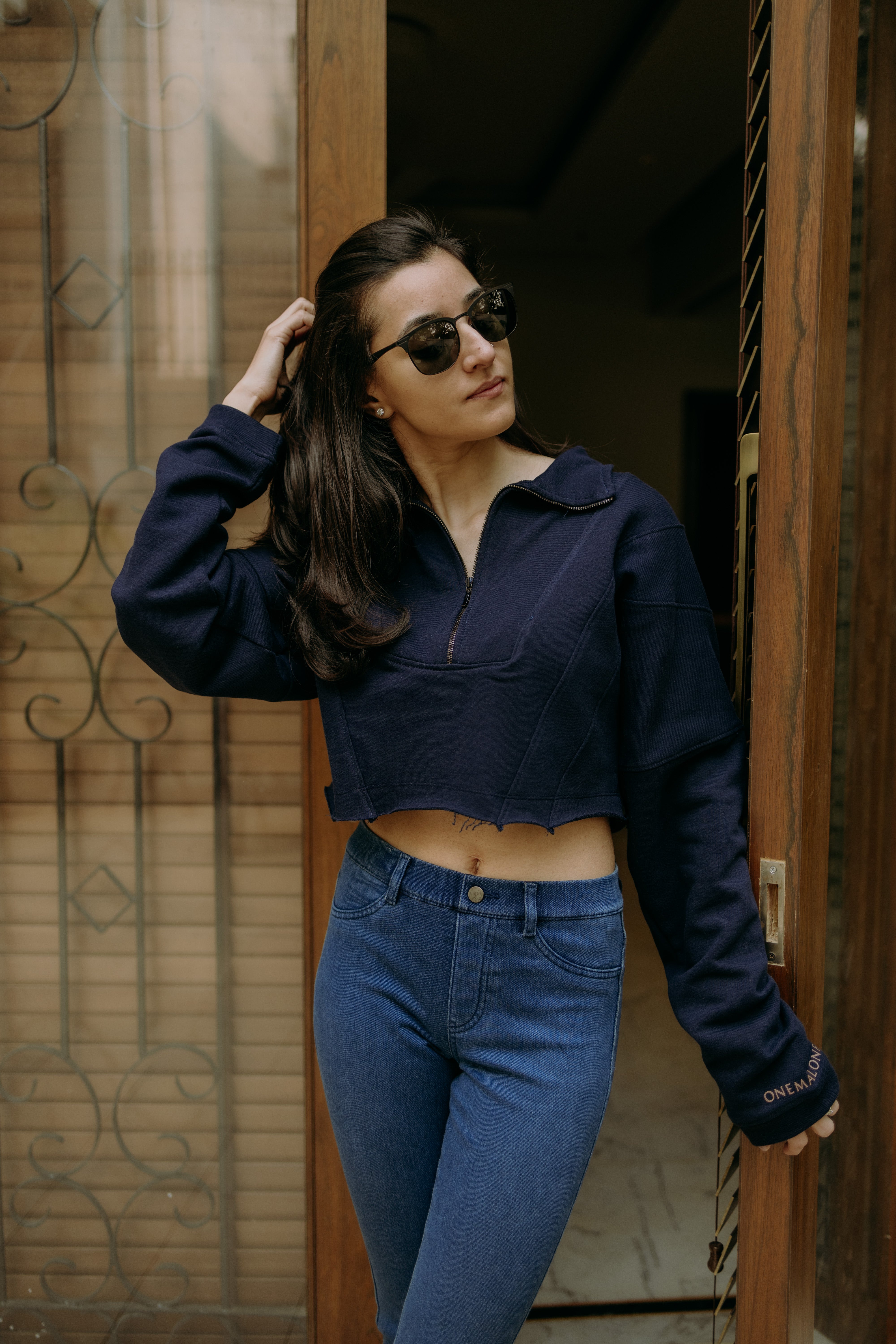 Zipped Crop Sweatshirt - Navy Blue