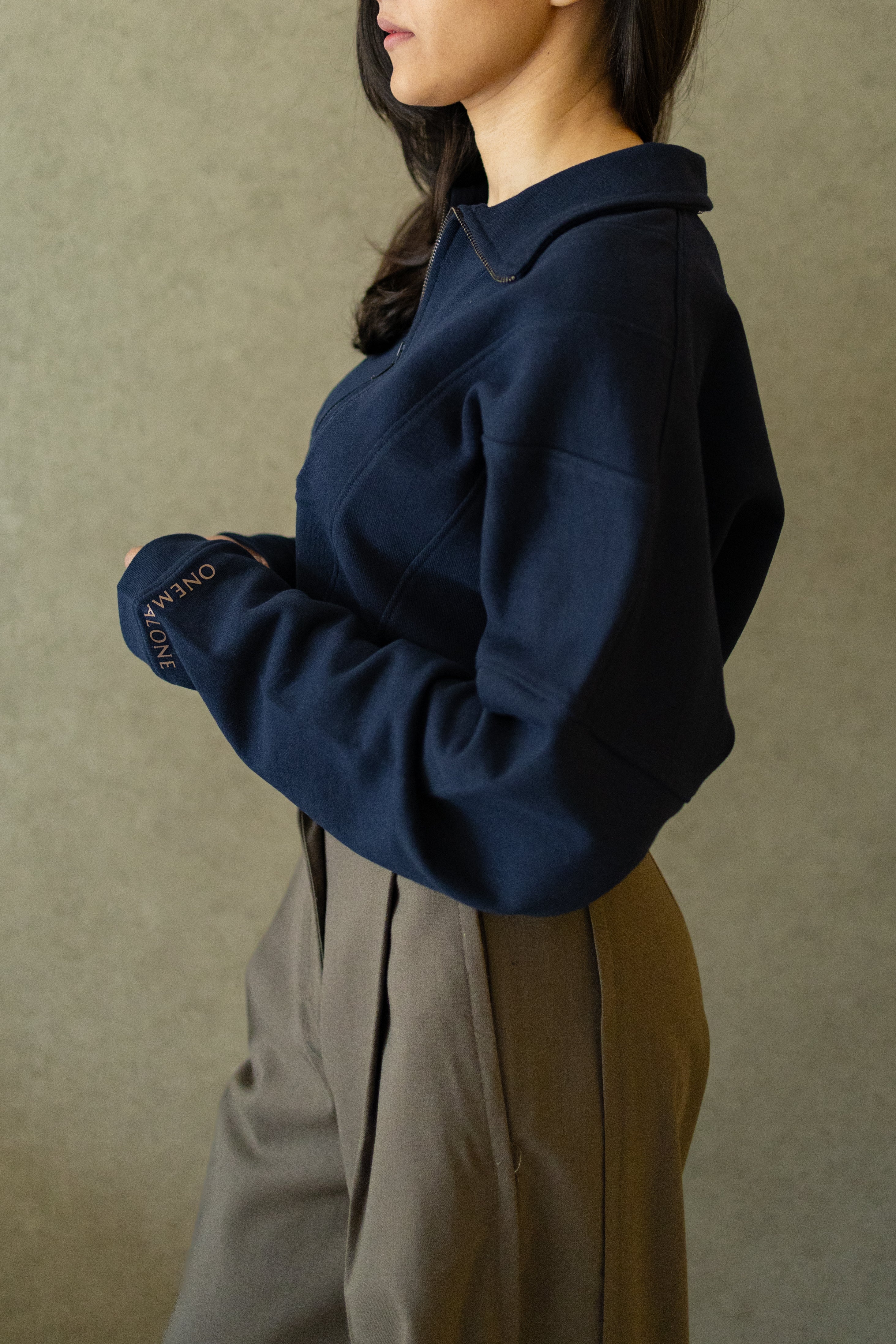 Zipped Crop Sweatshirt - Navy Blue