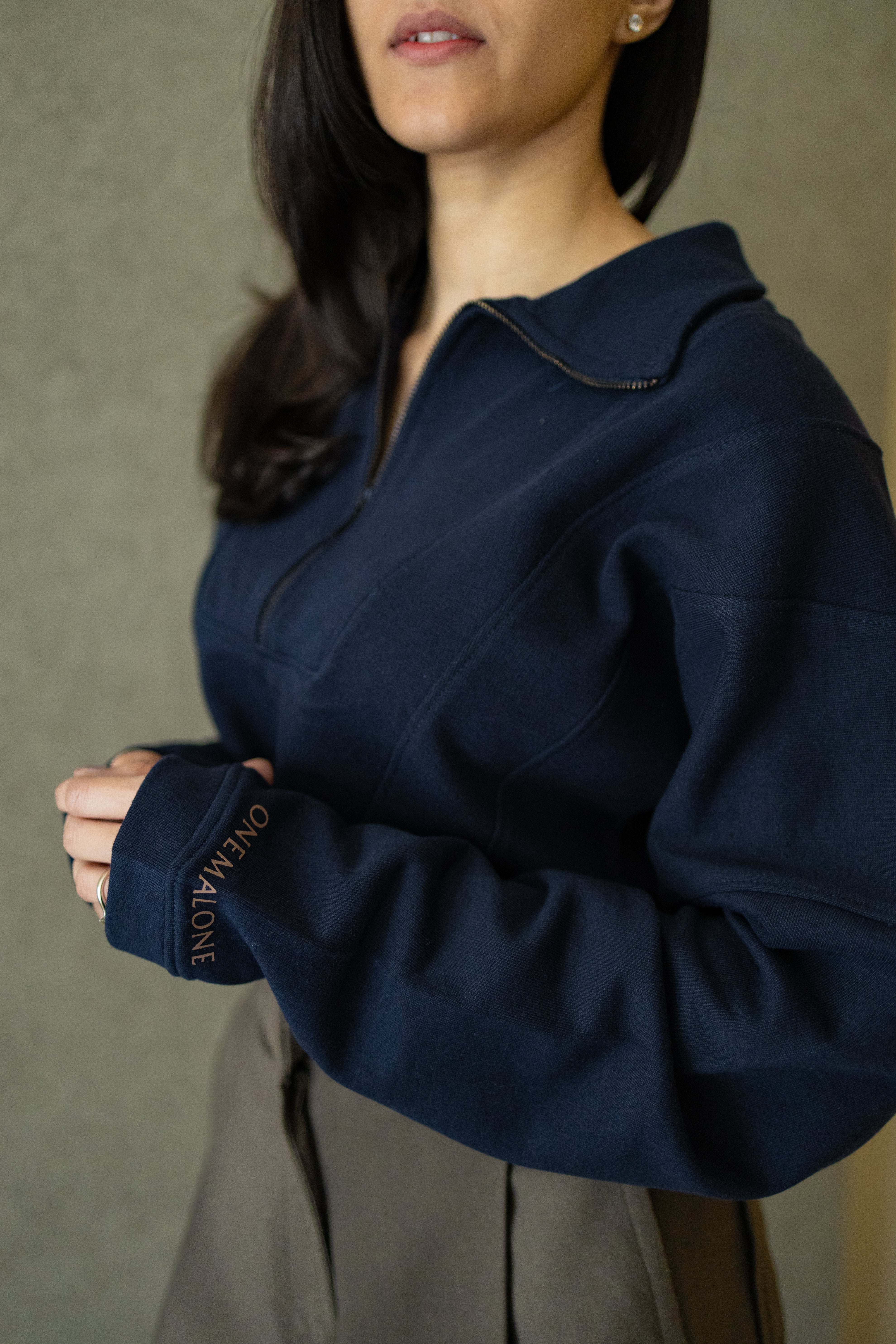 Zipped Crop Sweatshirt - Navy Blue
