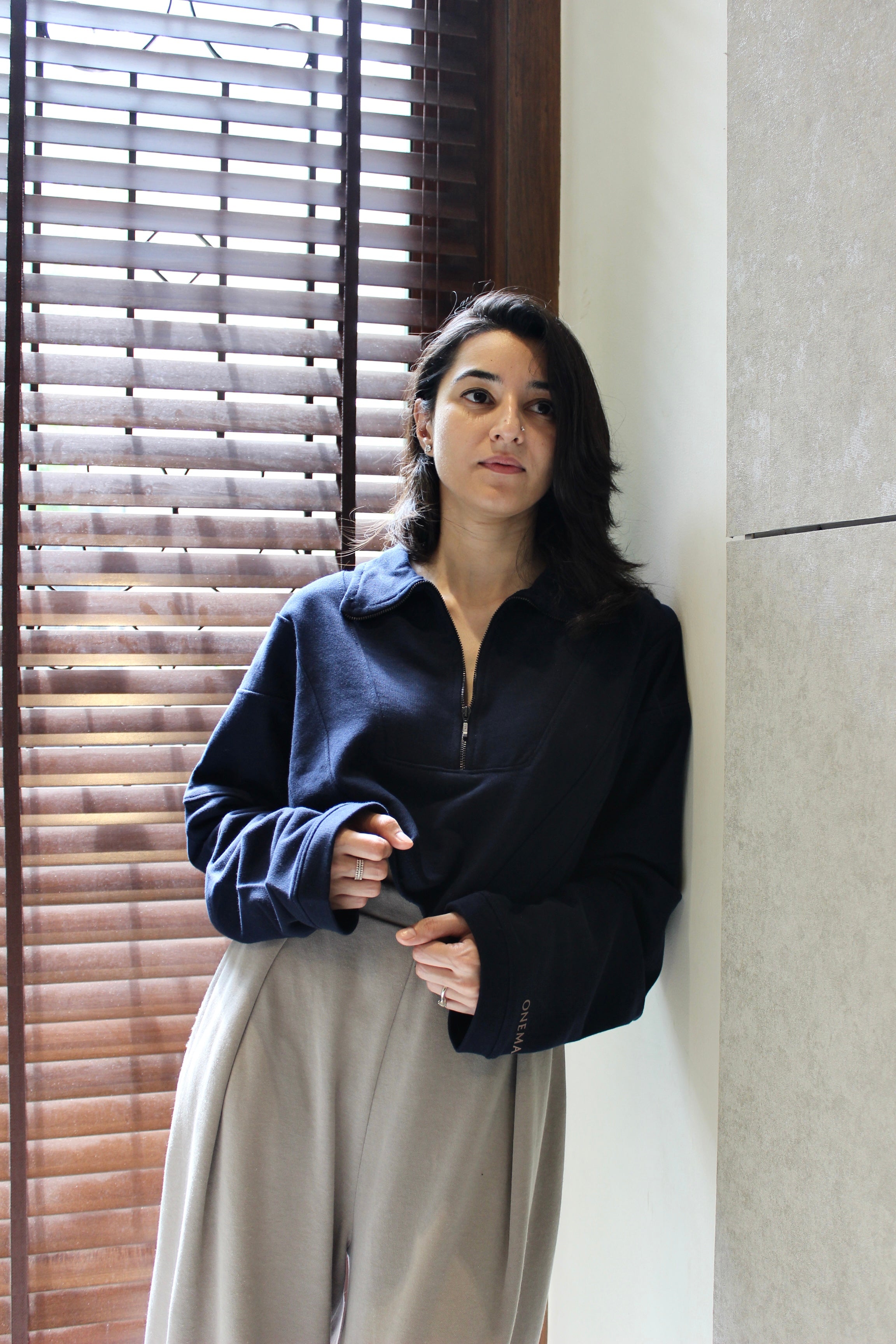 Zipped Crop Sweatshirt - Navy Blue