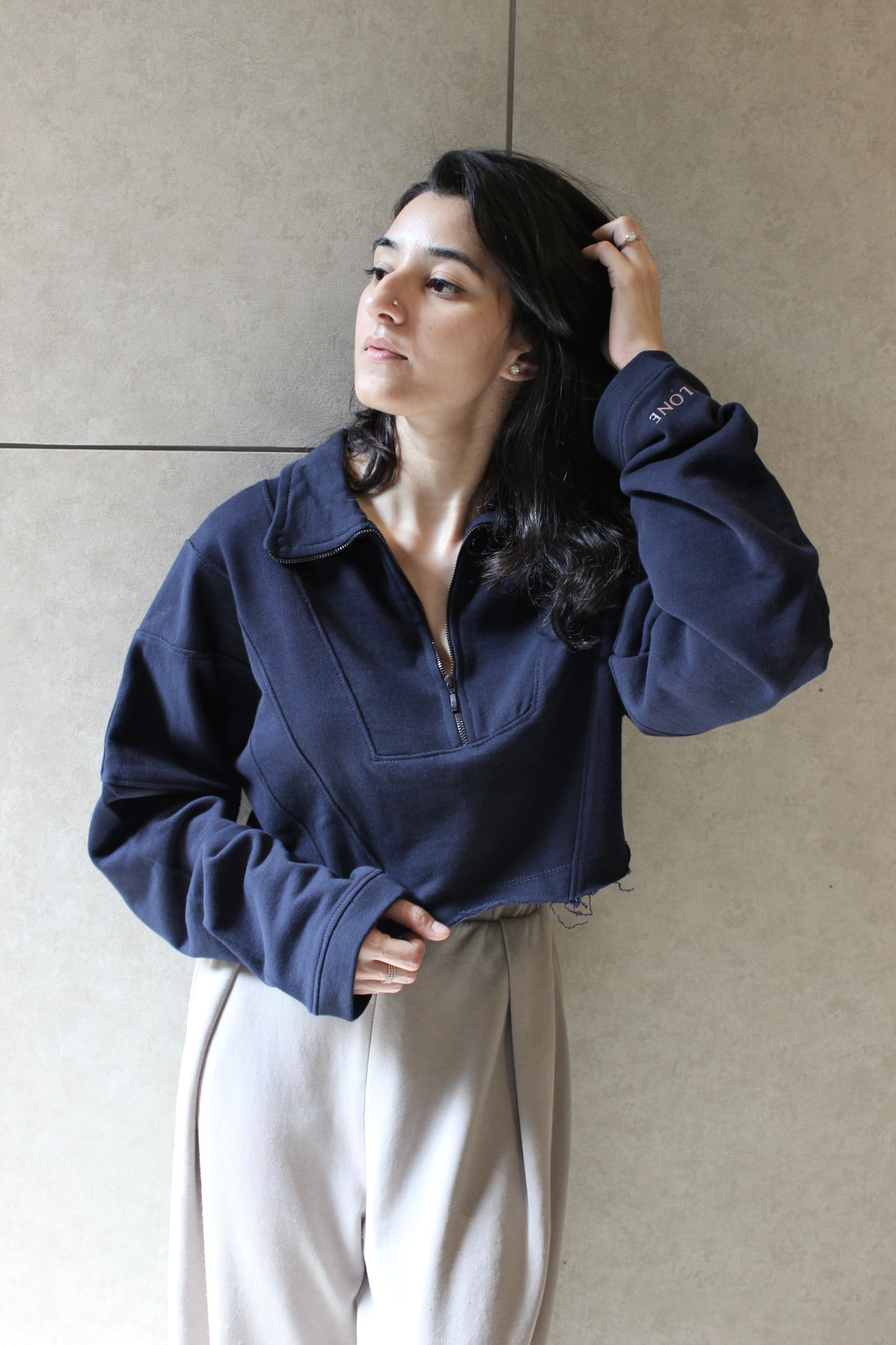 Zipped Crop Sweatshirt - Navy Blue