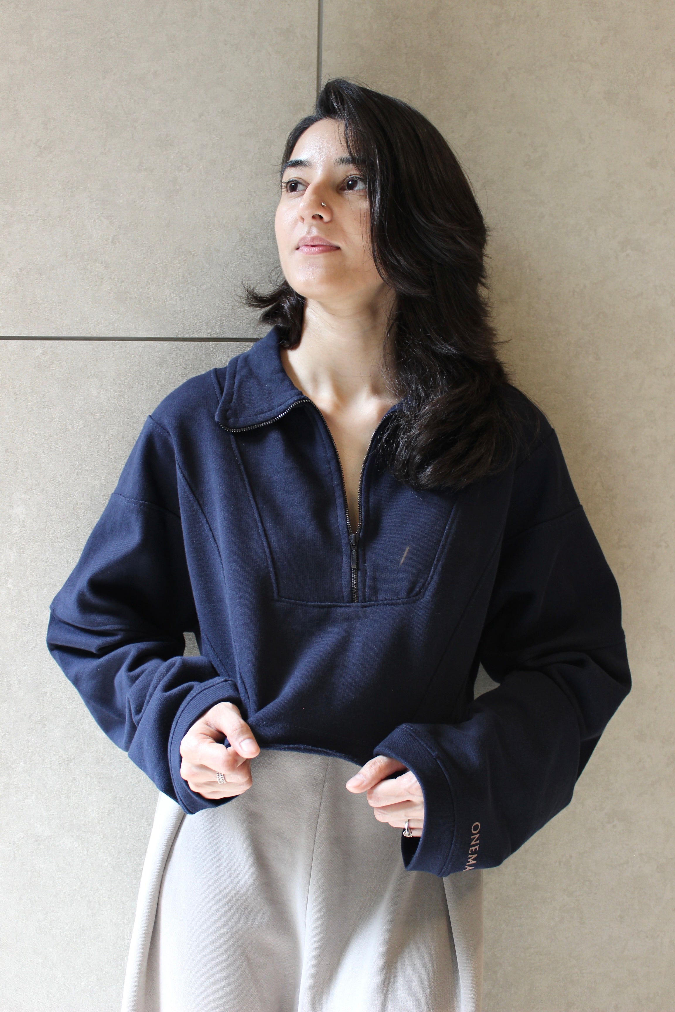 Zipped Crop Sweatshirt - Navy Blue