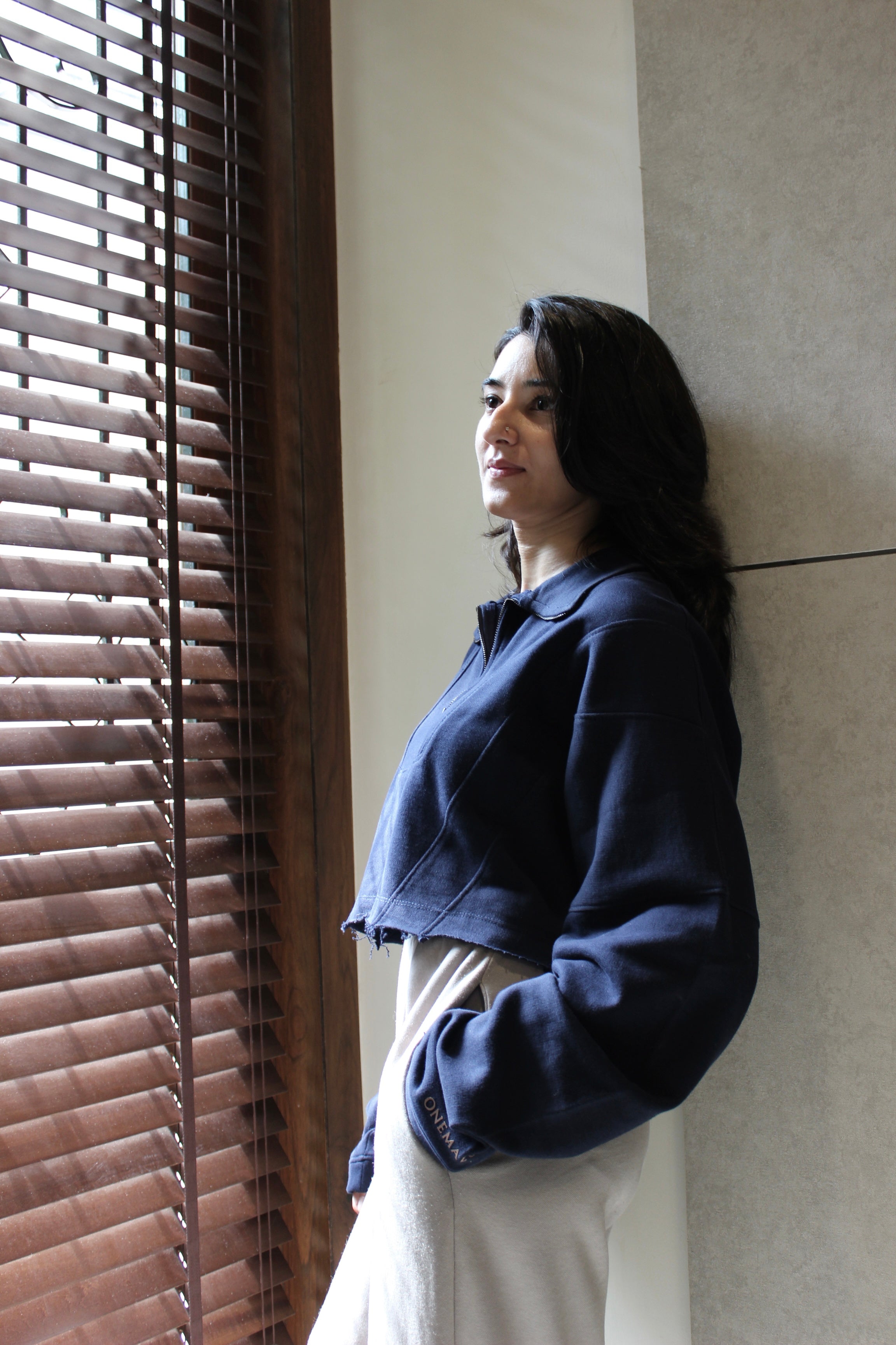 Zipped Crop Sweatshirt - Navy Blue