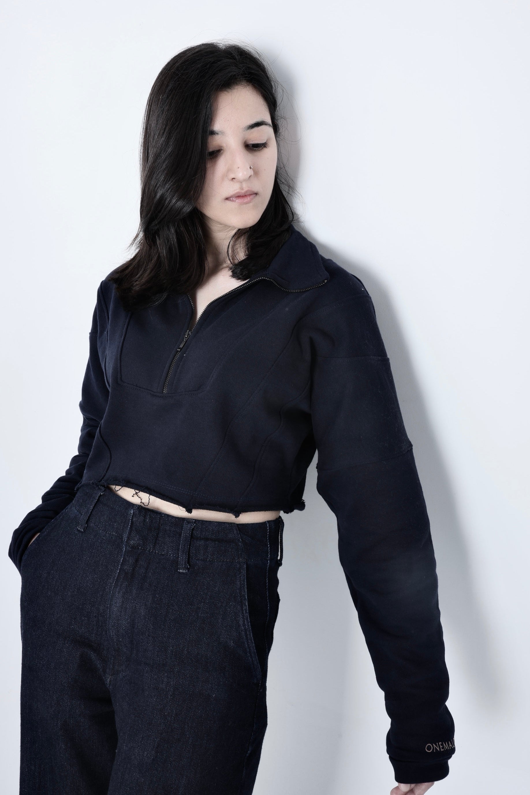 Zipped Crop Sweatshirt - Navy Blue